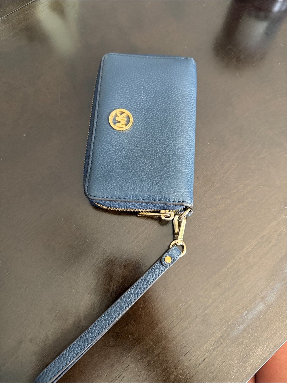 Michael Kors Blue Pebbled Leather Zip Wristlet with Gold MK Logo